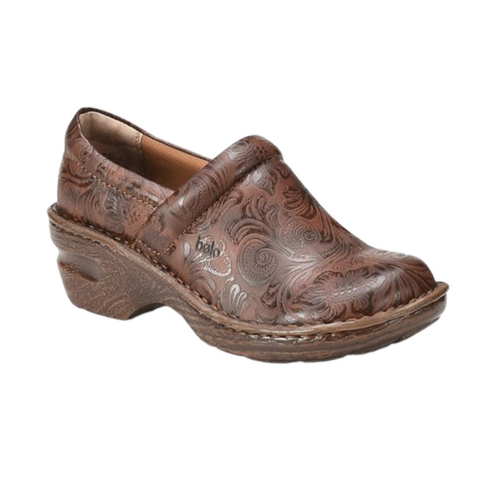 Born Clogs Womens 9.5 Bolo Brown Floral Embossed Leather Wedge Slip On EUC